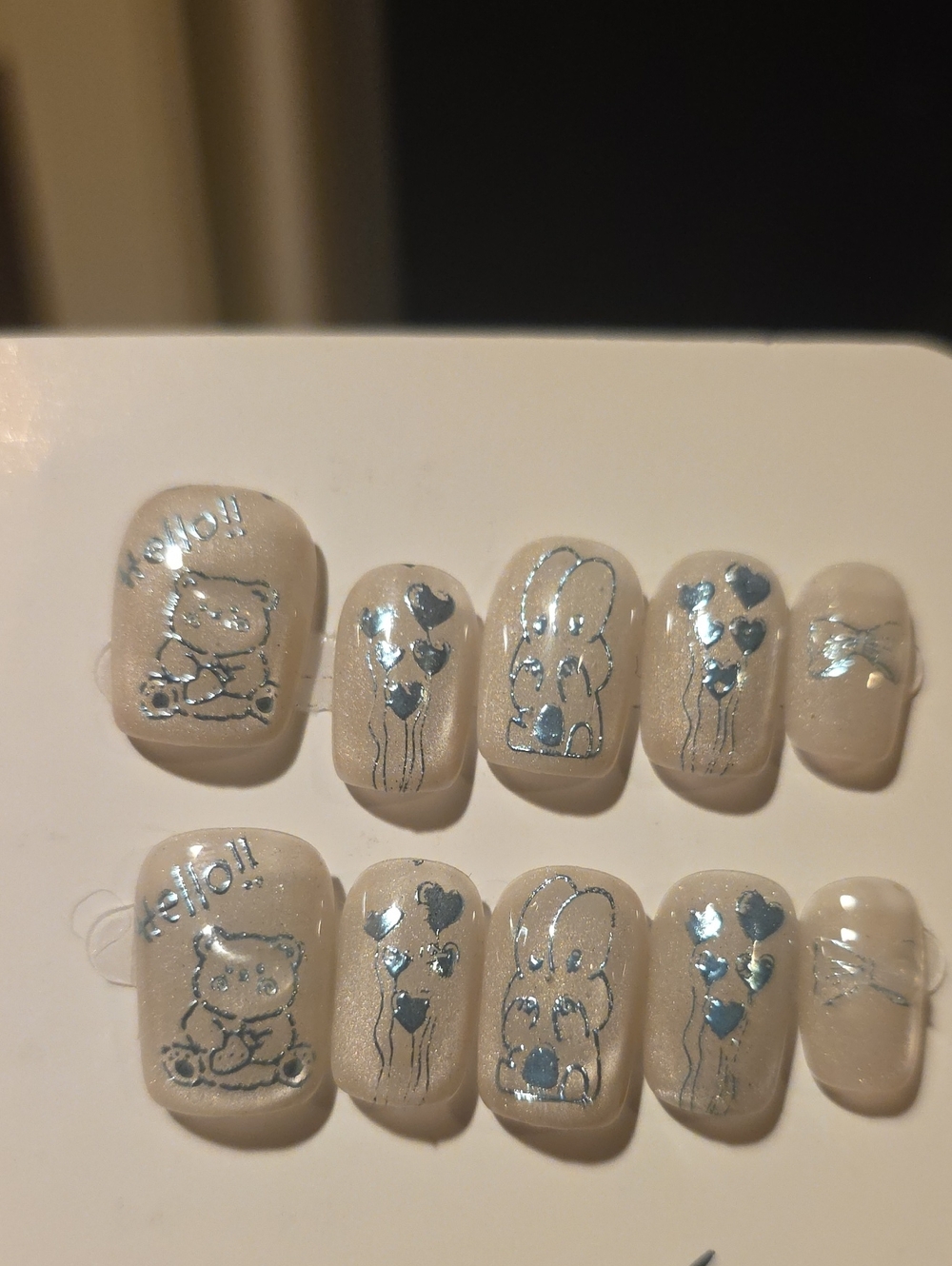 Neutral Cute Bear & Hearts Press-On Nails Size Med